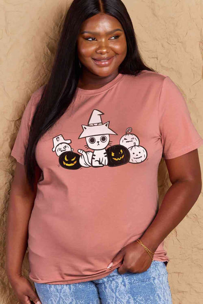 Camiseta de algodón con gráfico de gato y calabaza de tamaño completo de Simply Love