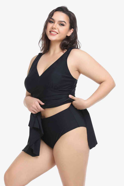 Maillot de Bain Deux Pièces Plongeant Sans Manches de Grande Taille