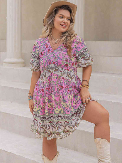 Plus Size Printed V-Neck Short Sleeve Dress