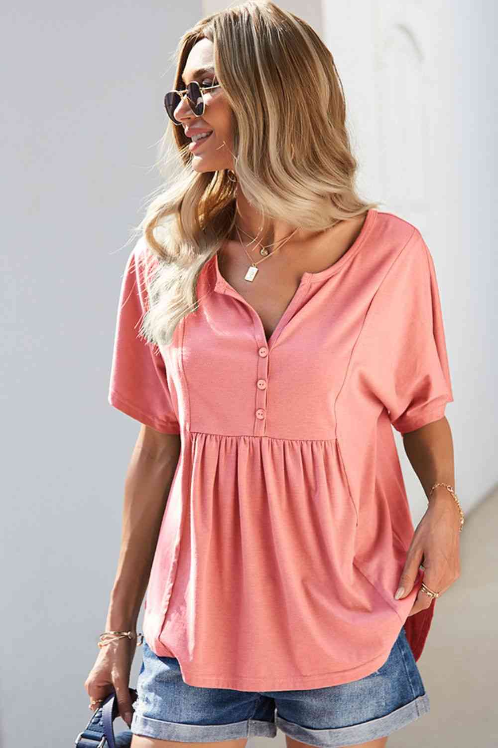 Double Take Buttoned Notched Neck Short Sleeve Top