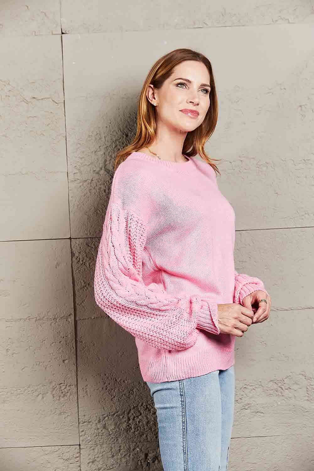 Double Take Round Neck Cable-Knit Dropped Shoulder Sweater