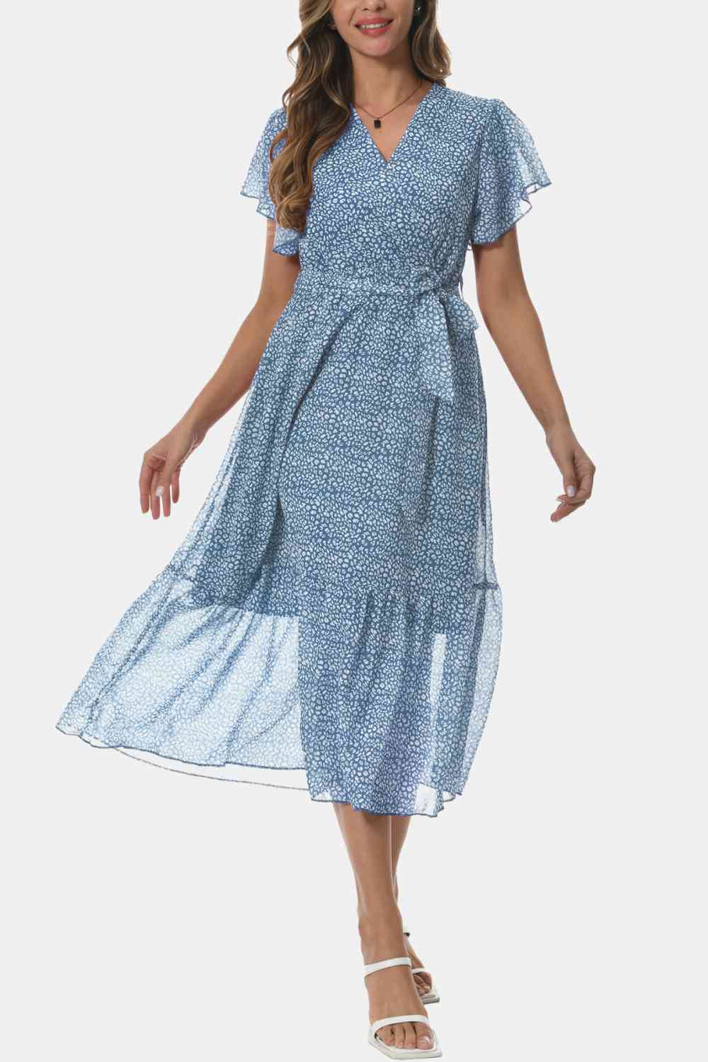 Surplice Neck Flutter Sleeve Tied Dress