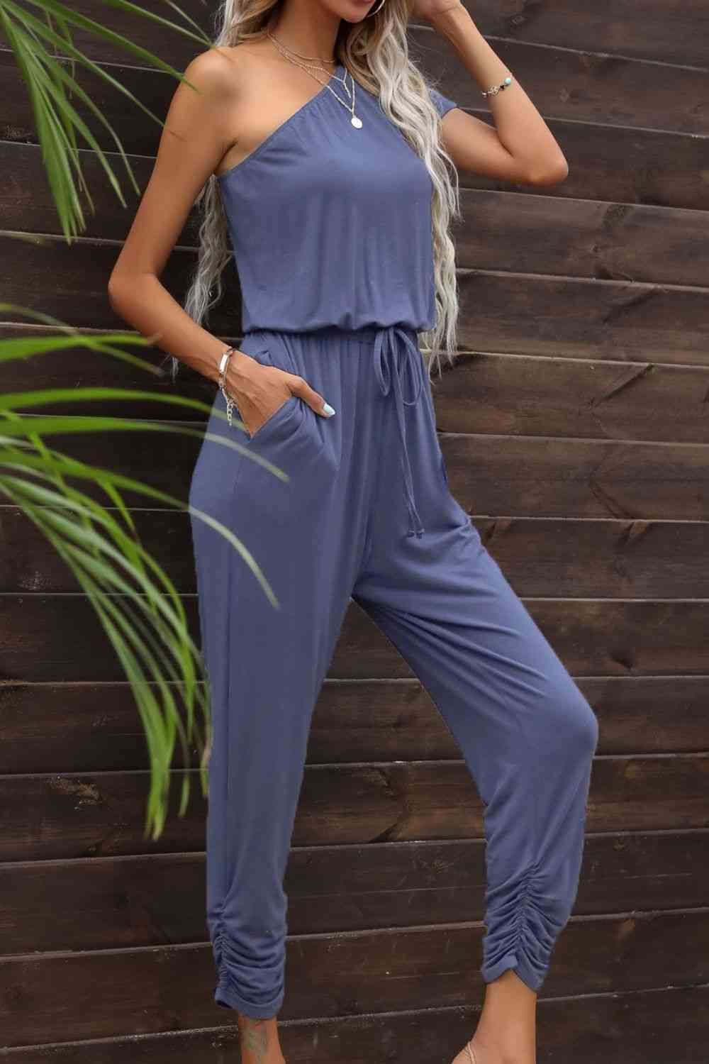 Drawstring Waist One-Shoulder Jumpsuit with Pockets