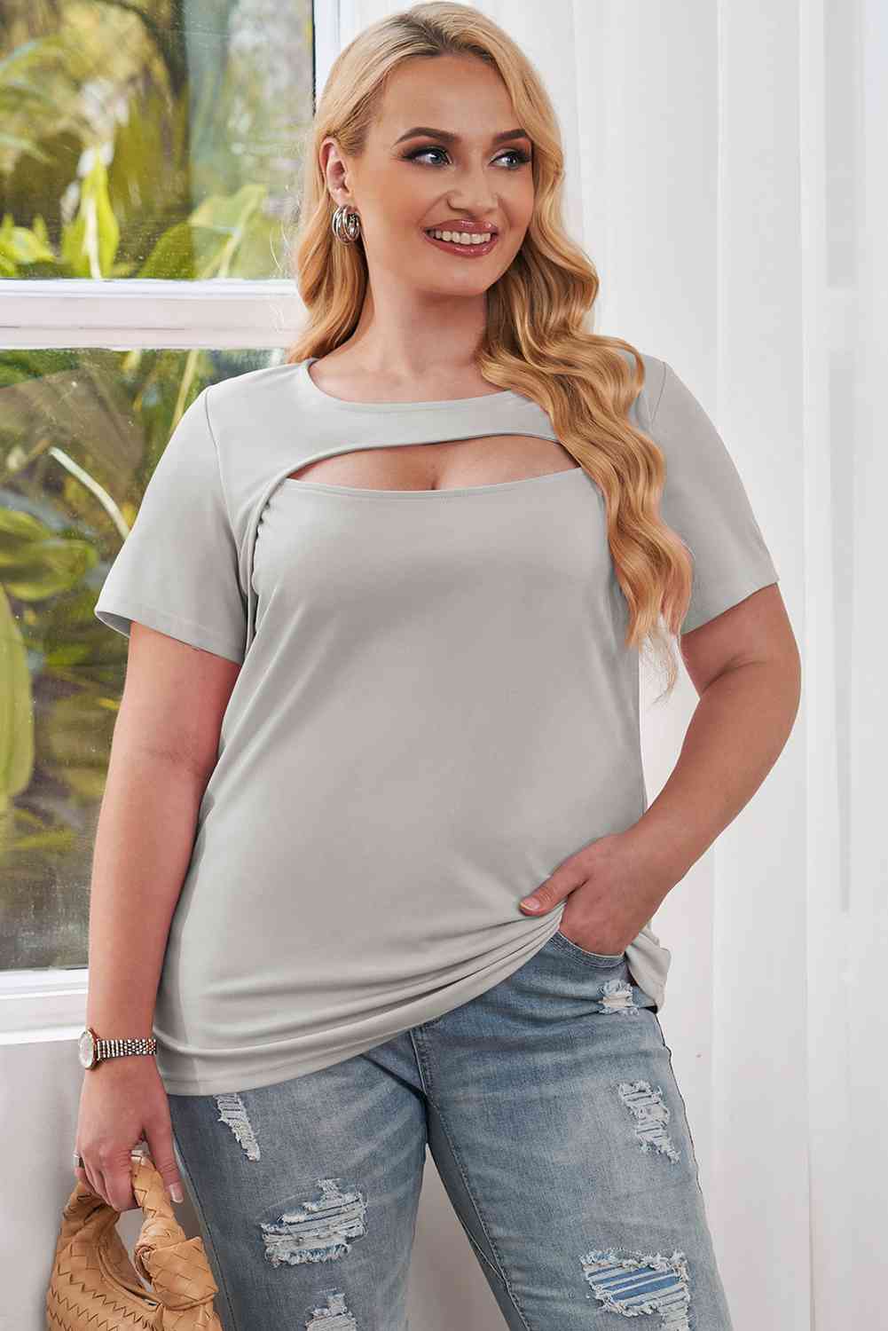 T-shirt Découpé à Manches Courtes et Col Rond de Grande Taille