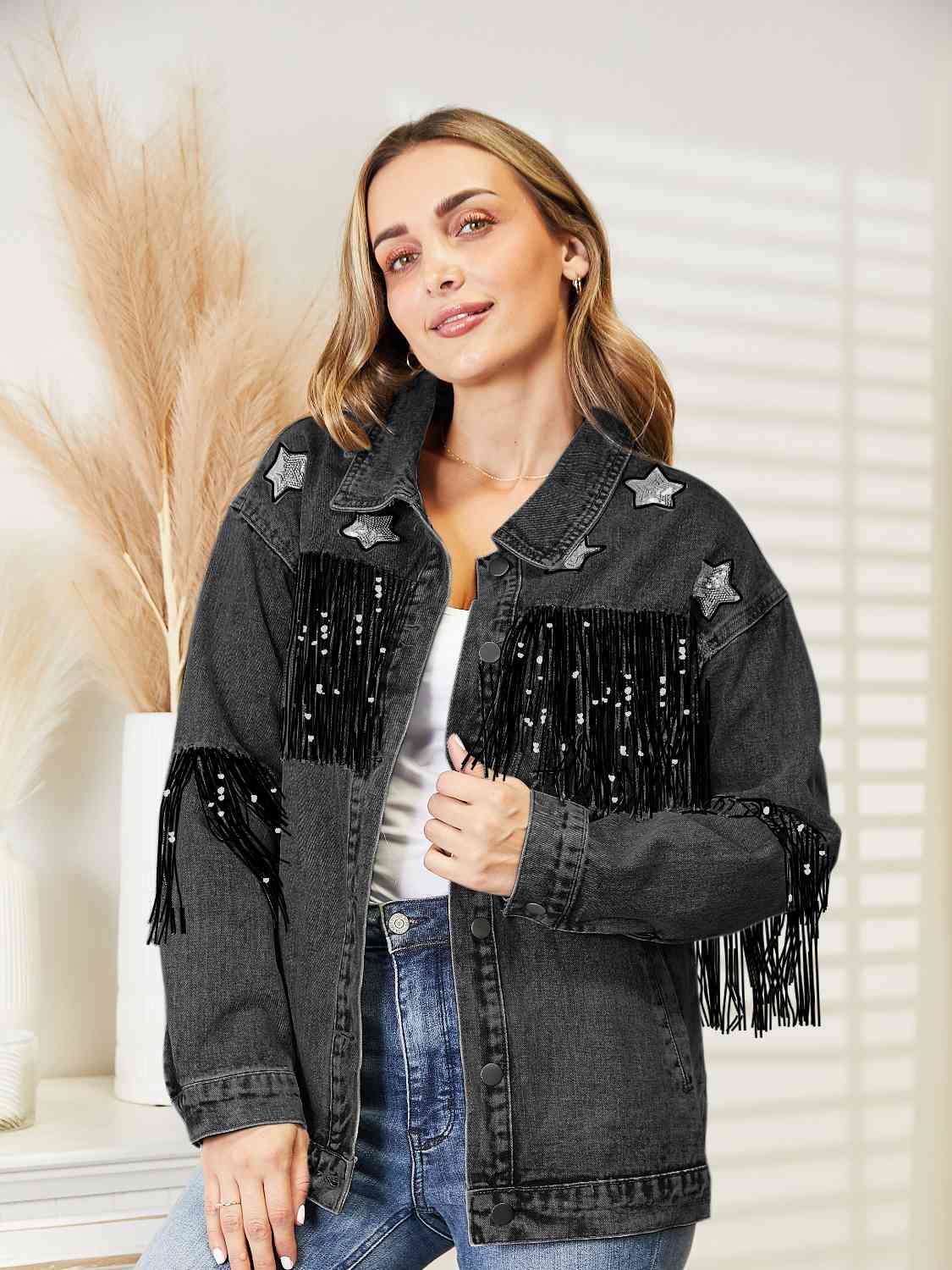 Veste en jean à manches longues et détails de franges