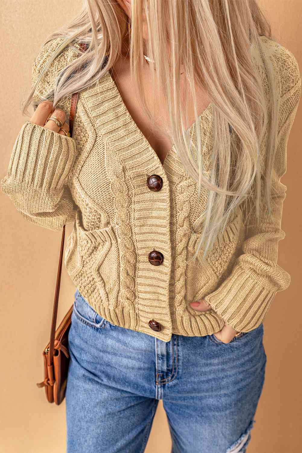 Cardigan boutonné en tricot mélangé à droite tissé avec poches