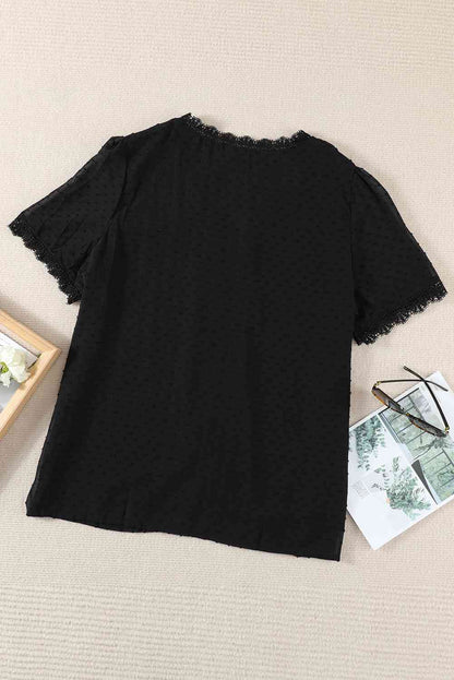 Blusa con cuello en V y encaje empalmado de lunares suizos de talla grande