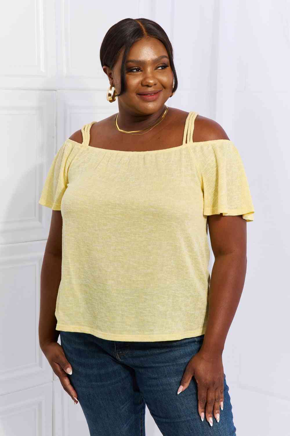 Culture Code On The Move Full Size Off The Shoulder Flare Sleeve Top in Sand Yellow