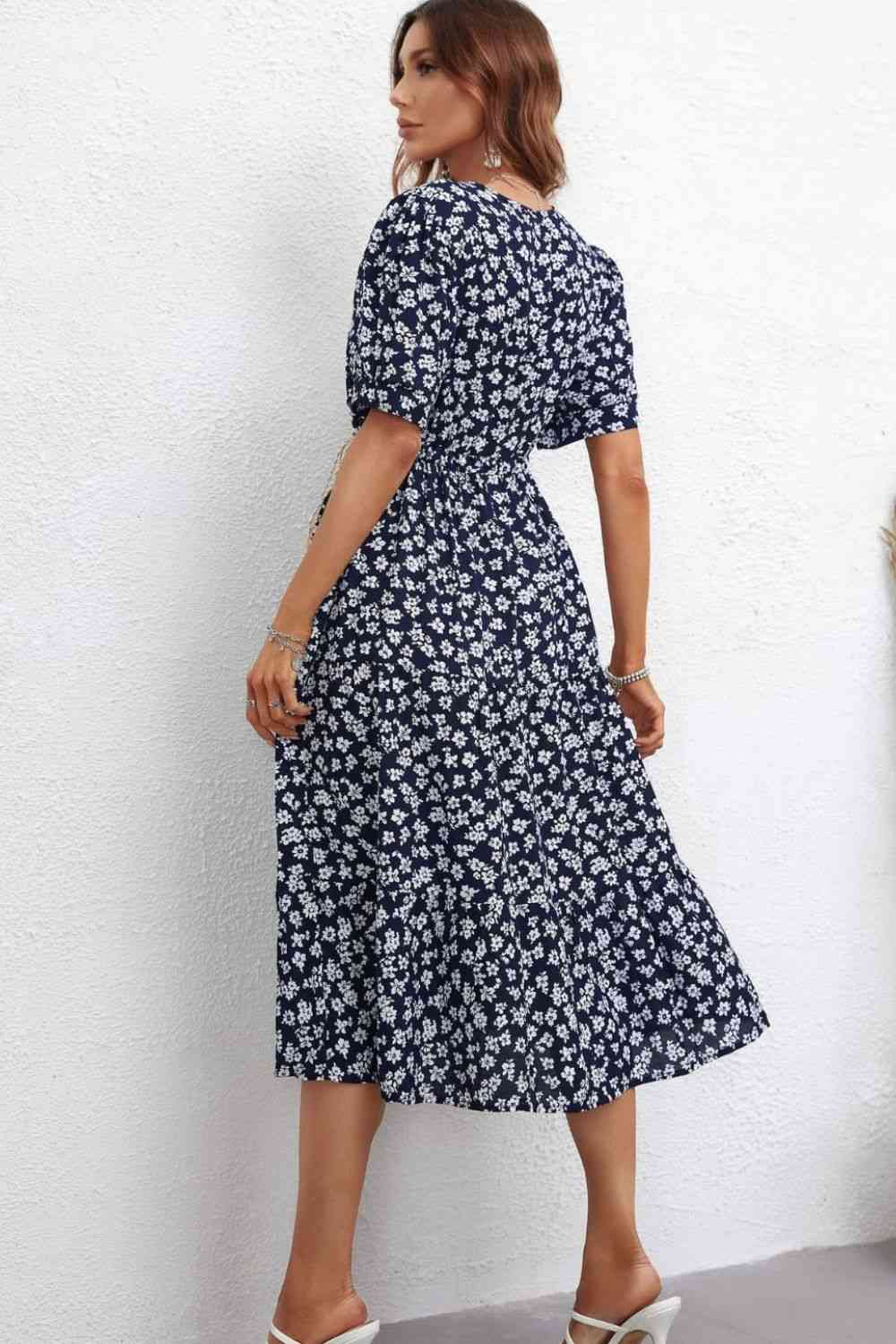 Floral Drawstring Waist Short Sleeve Midi Dress