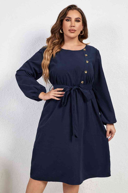 Melo Apparel Plus Size Buttoned Tie Belt Round Neck Long Sleeve Dress