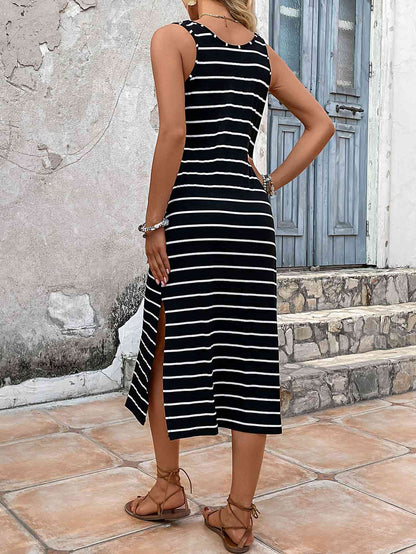 Vestido midi sin mangas con abertura lateral a rayas