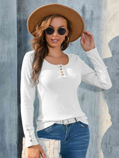 Buttoned Round Neck Long Sleeve T-Shirt