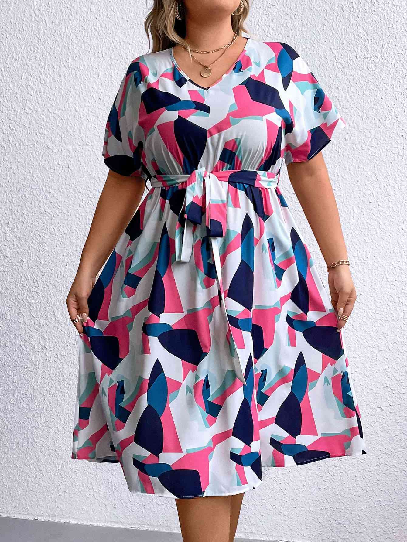 Robe Multicolore à Col en V Nouée à la Taille de Grande Taille