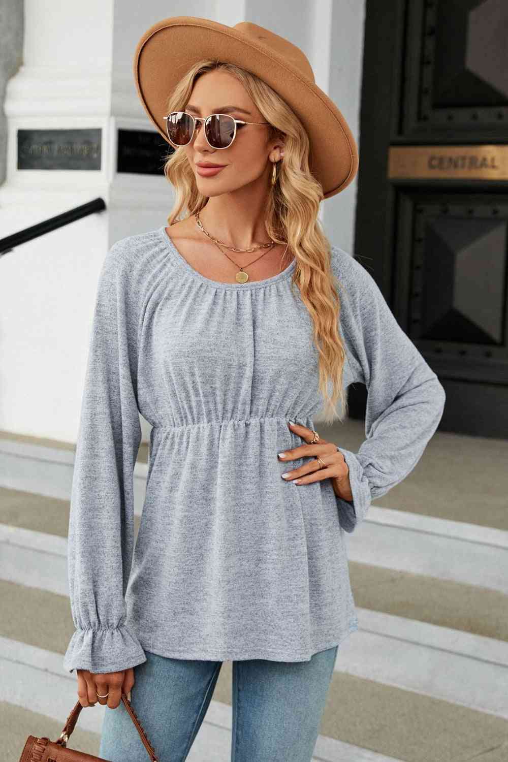 Round Neck Flounce Sleeve Blouse