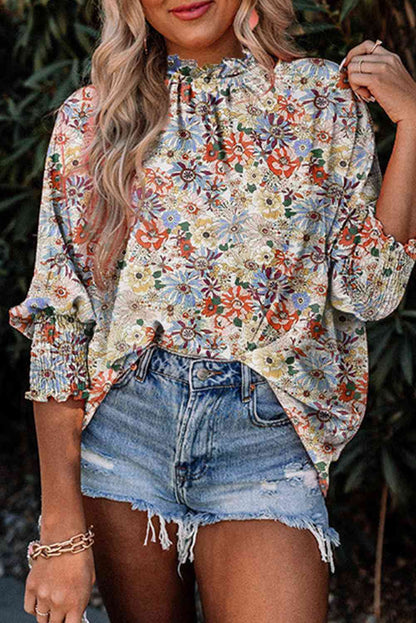 Floral Print Mock Neck Lantern Sleeve Blouse