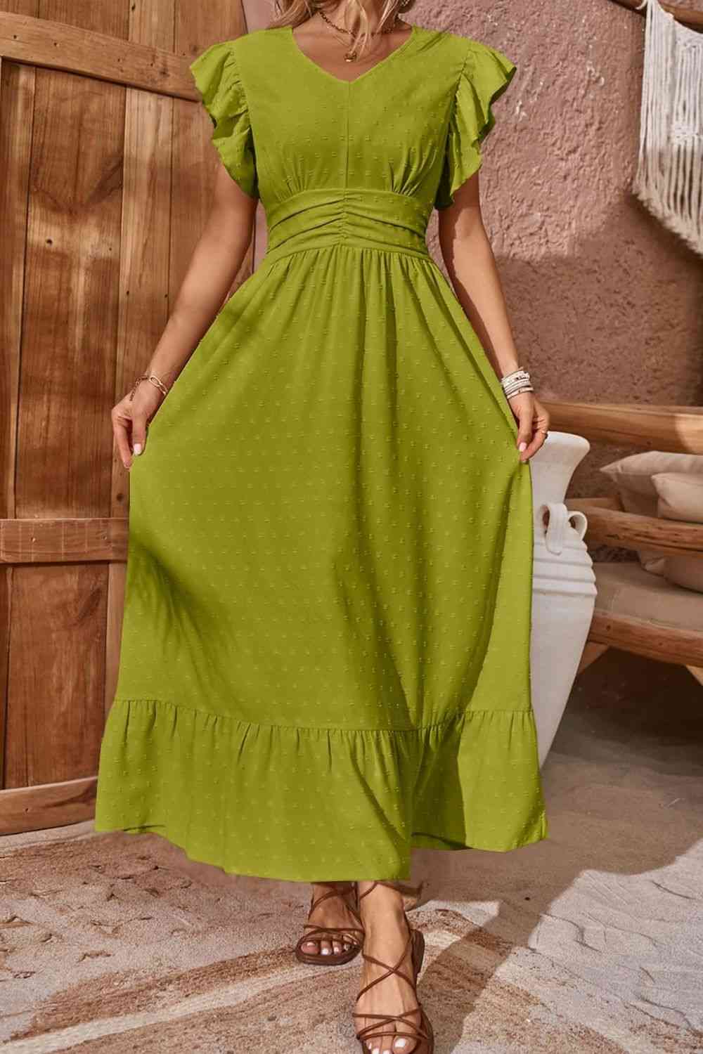 Swiss Dot V-Neck Flutter Sleeve Dress