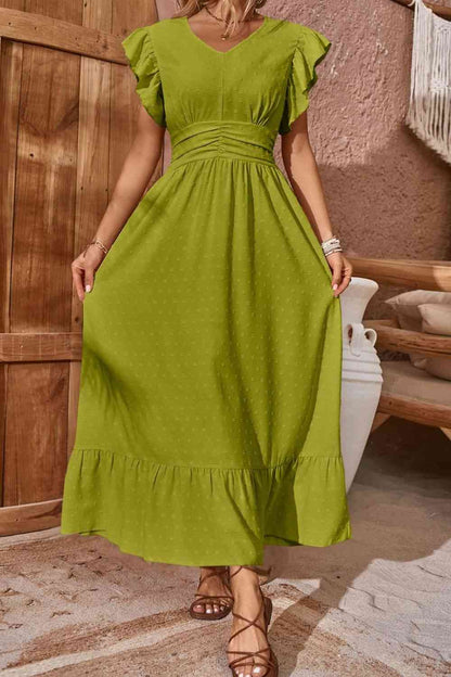 Swiss Dot V-Neck Flutter Sleeve Dress