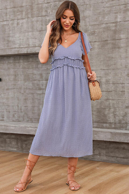 Frill Trim Short Sleeve Dress with Pockets