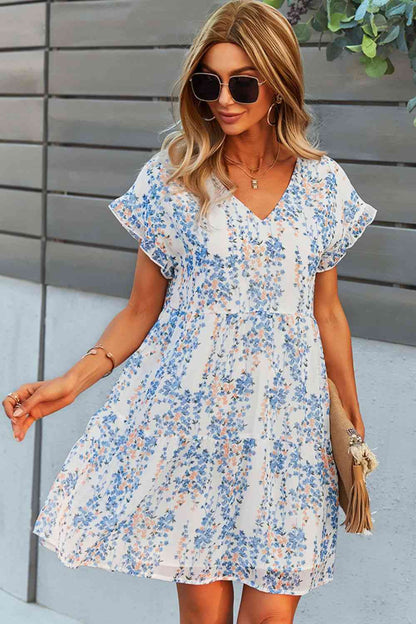 Printed V-Neck Short Sleeve Tiered Dress