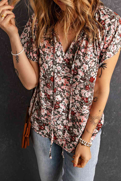 Floral Flutter Sleeve Tie-Neck Blouse