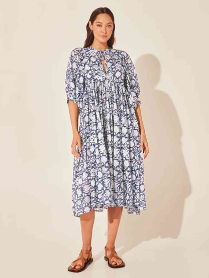 Floral Tie Neck Lantern Sleeve Dress