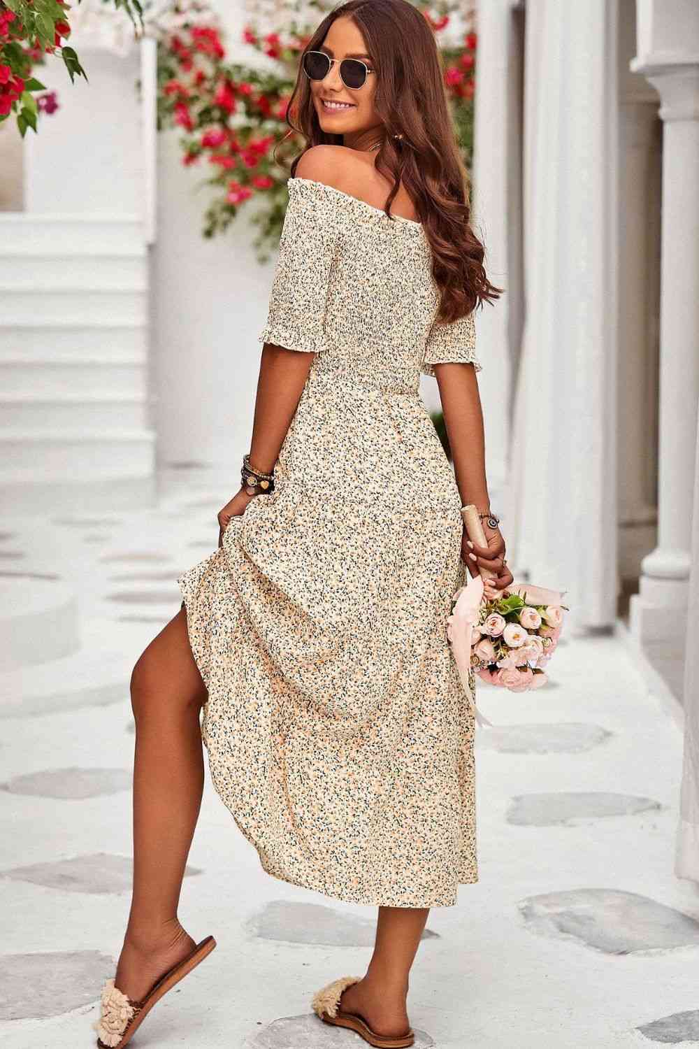 Printed Off-Shoulder Half Sleeve Midi Dress