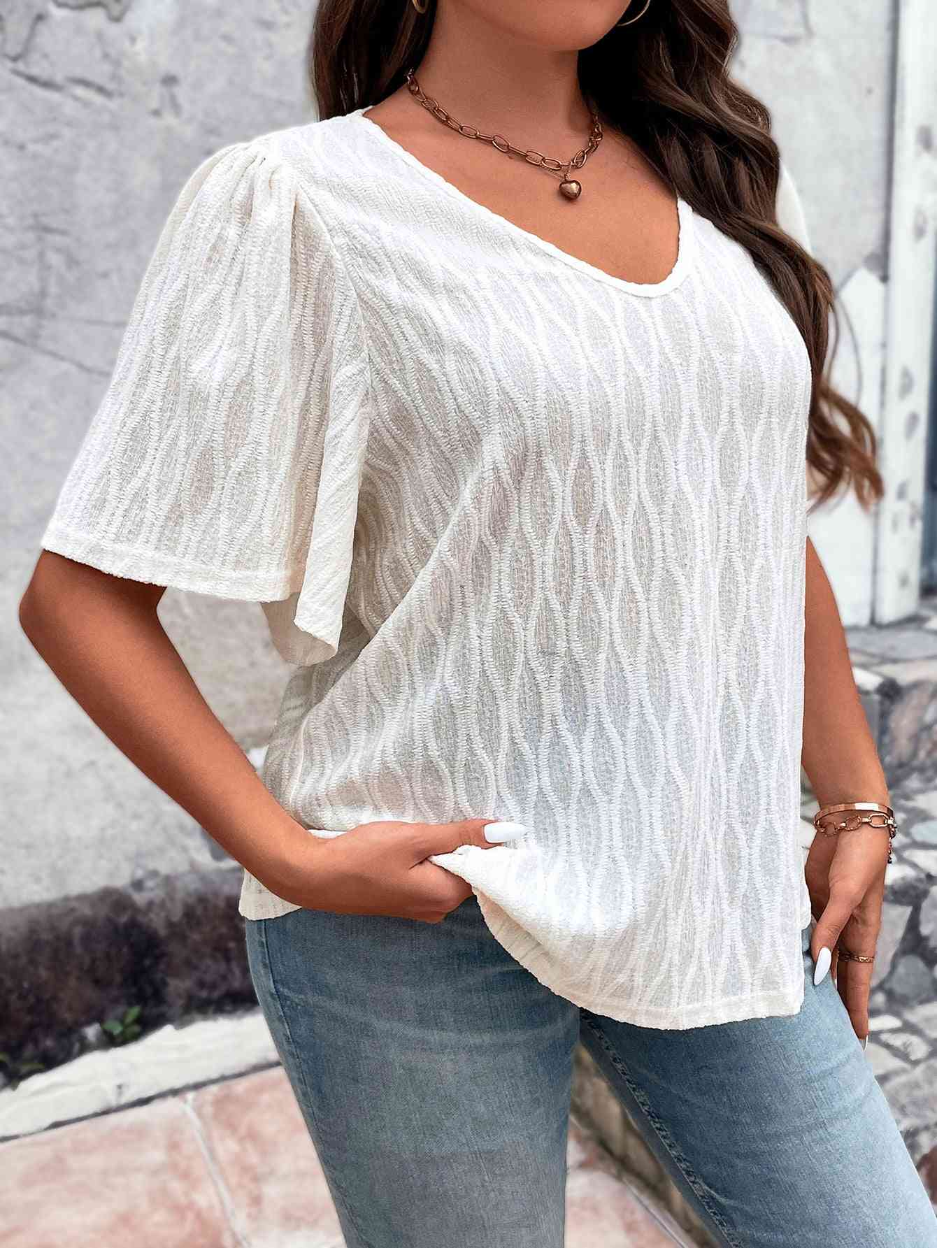 Blouse à Col en V et Manches Bouffantes de Grande Taille