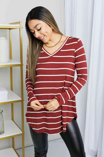 Zenana Full Size Striped V-Neck Long Sleeve Top in Dark Burgundy/Ivory