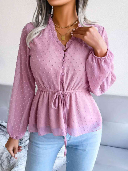 Blouse péplum à taille avec cordon de serrage et bordure à volants et pois suisses