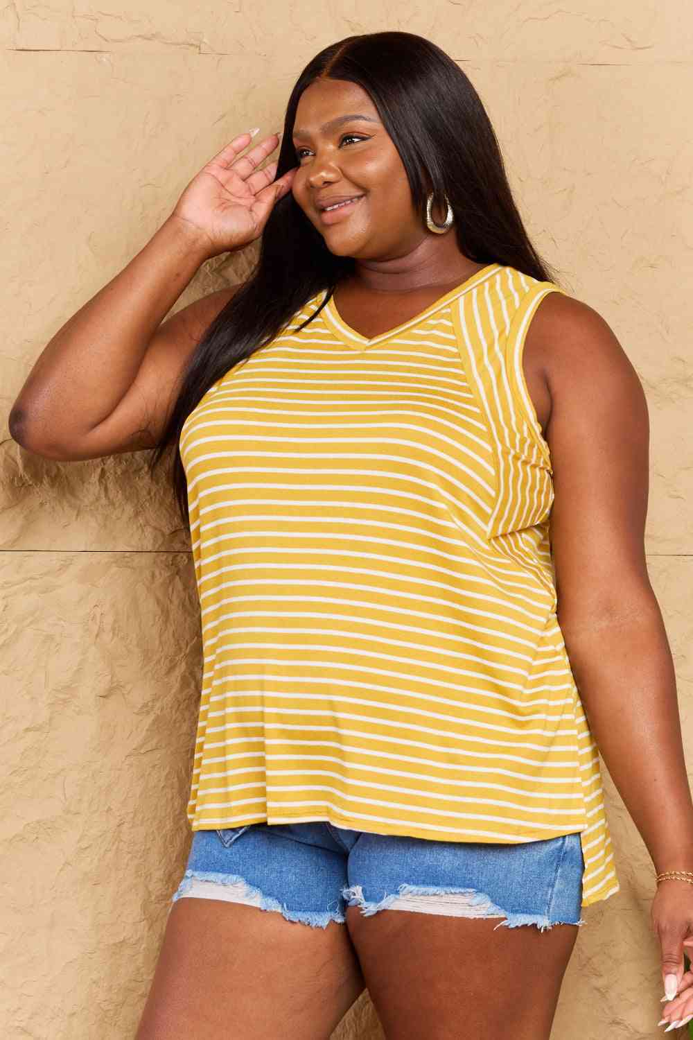 Doublju Talk To Me Full Size Striped Sleeveless V-Neck Top