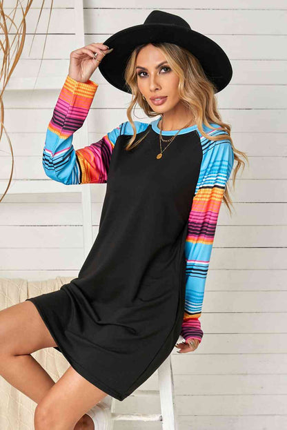 Striped Long Raglan Sleeve Round Neck Dress