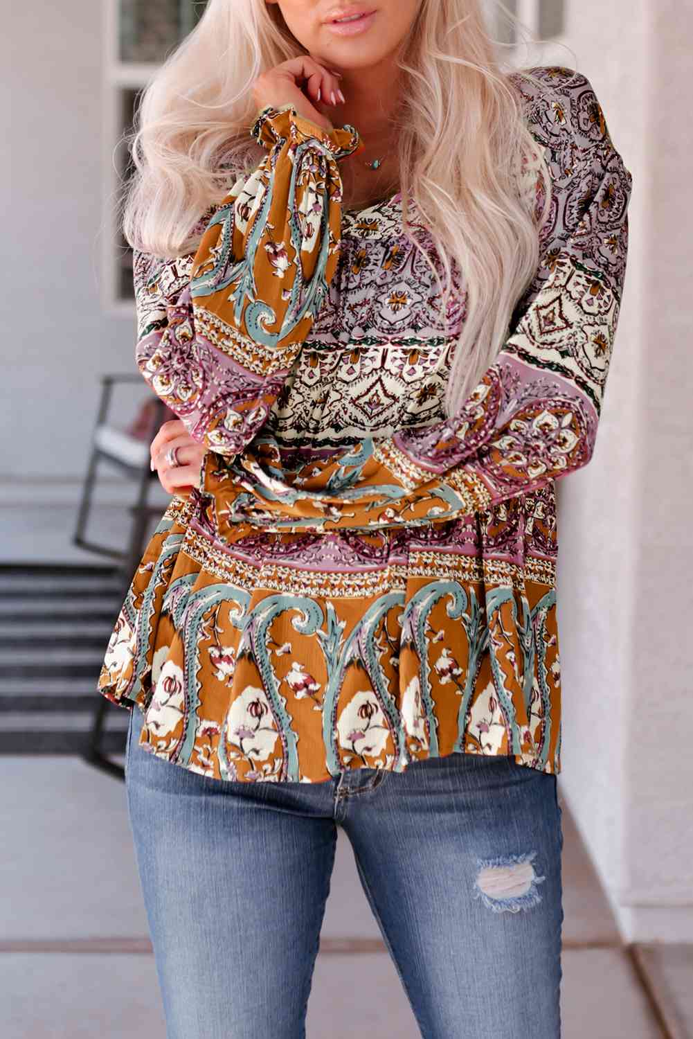 Bohemian Long Flounce Sleeve V-Neck Blouse