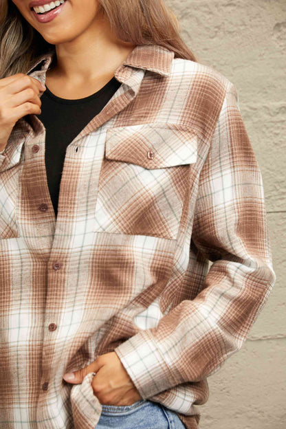 Double Take Plaid Collared Neck Long Sleeve Shirt