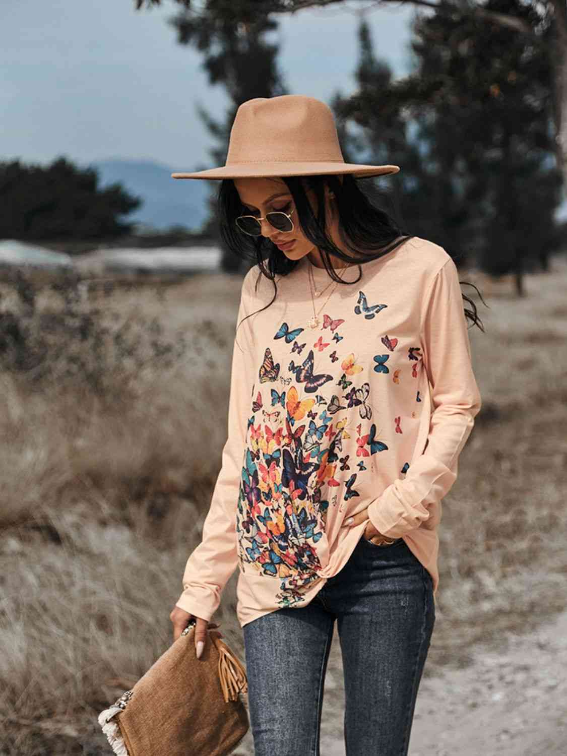 Butterflies Print Long Sleeve Round Neck Tee