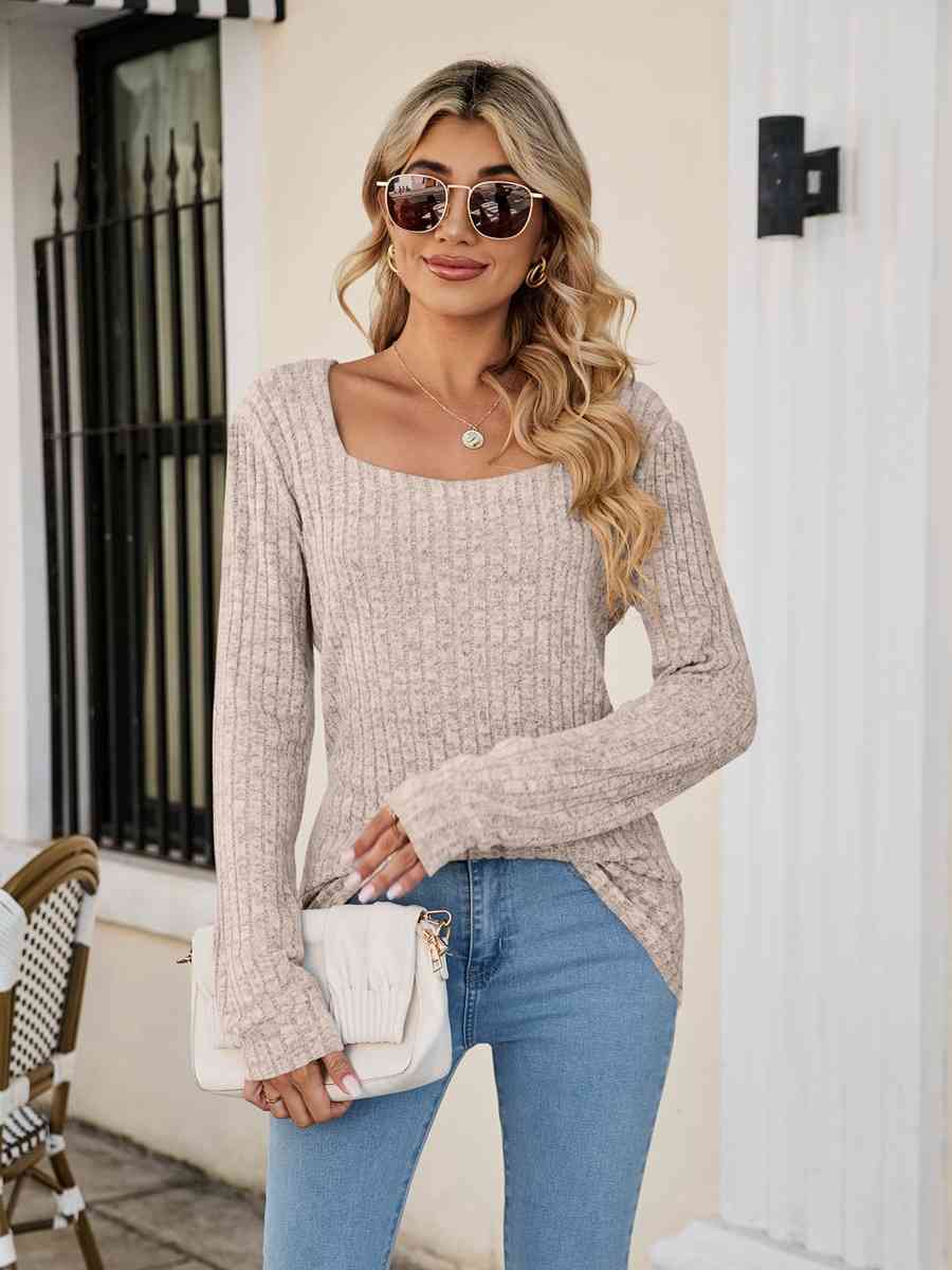 Square Neck Ribbed Long Sleeve T-Shirt