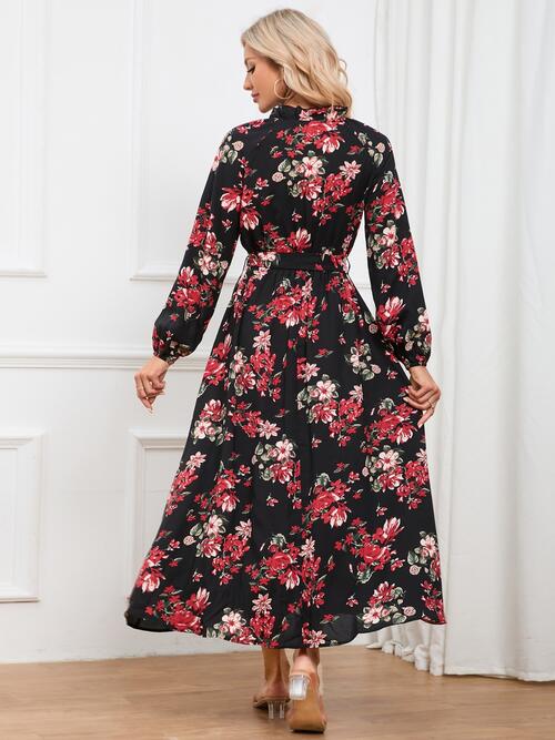 Floral Tie Front Balloon Sleeve Dress