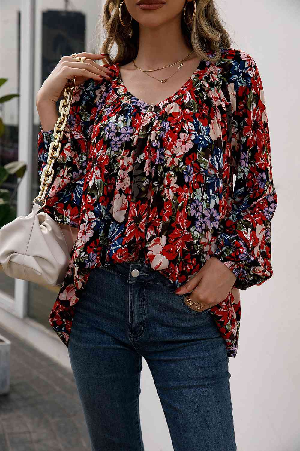 Blouse froncée à manches ballon et imprimé floral