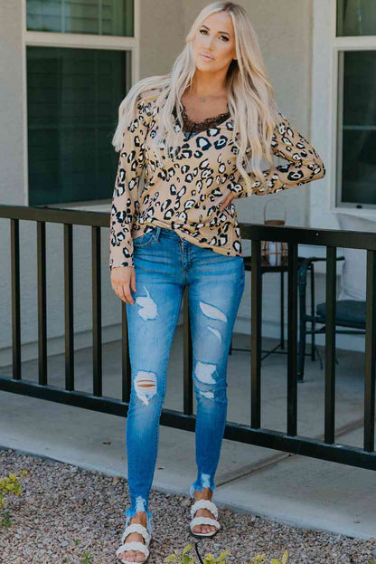 Leopard Print Lace Trim V-Neck Top