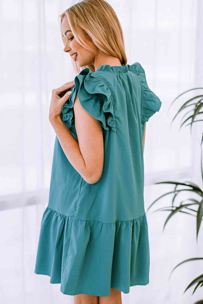 Ruffle Shoulder Tie-Neck Tiered Dress