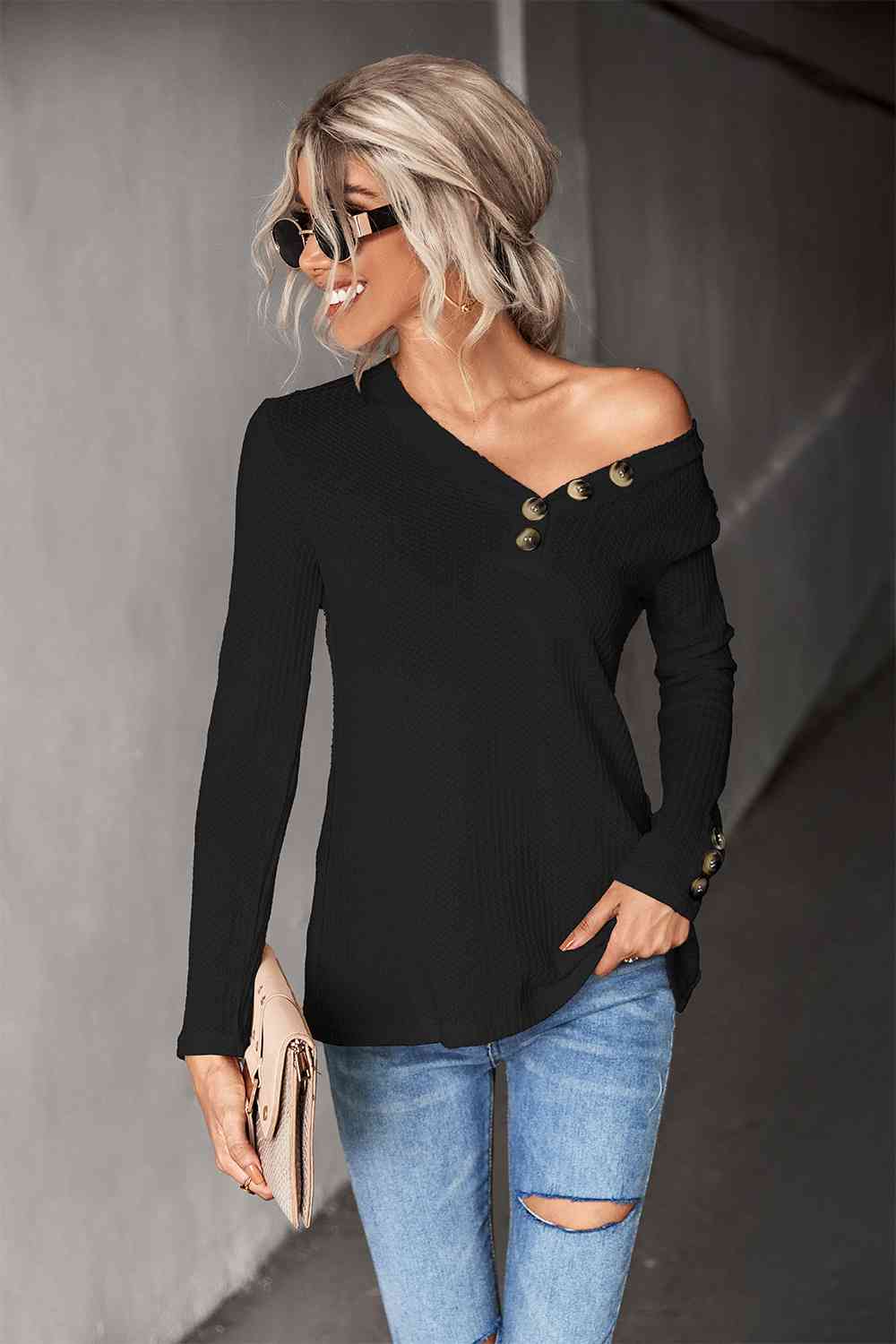 Waffle-Knit Button Detail V-Neck Top