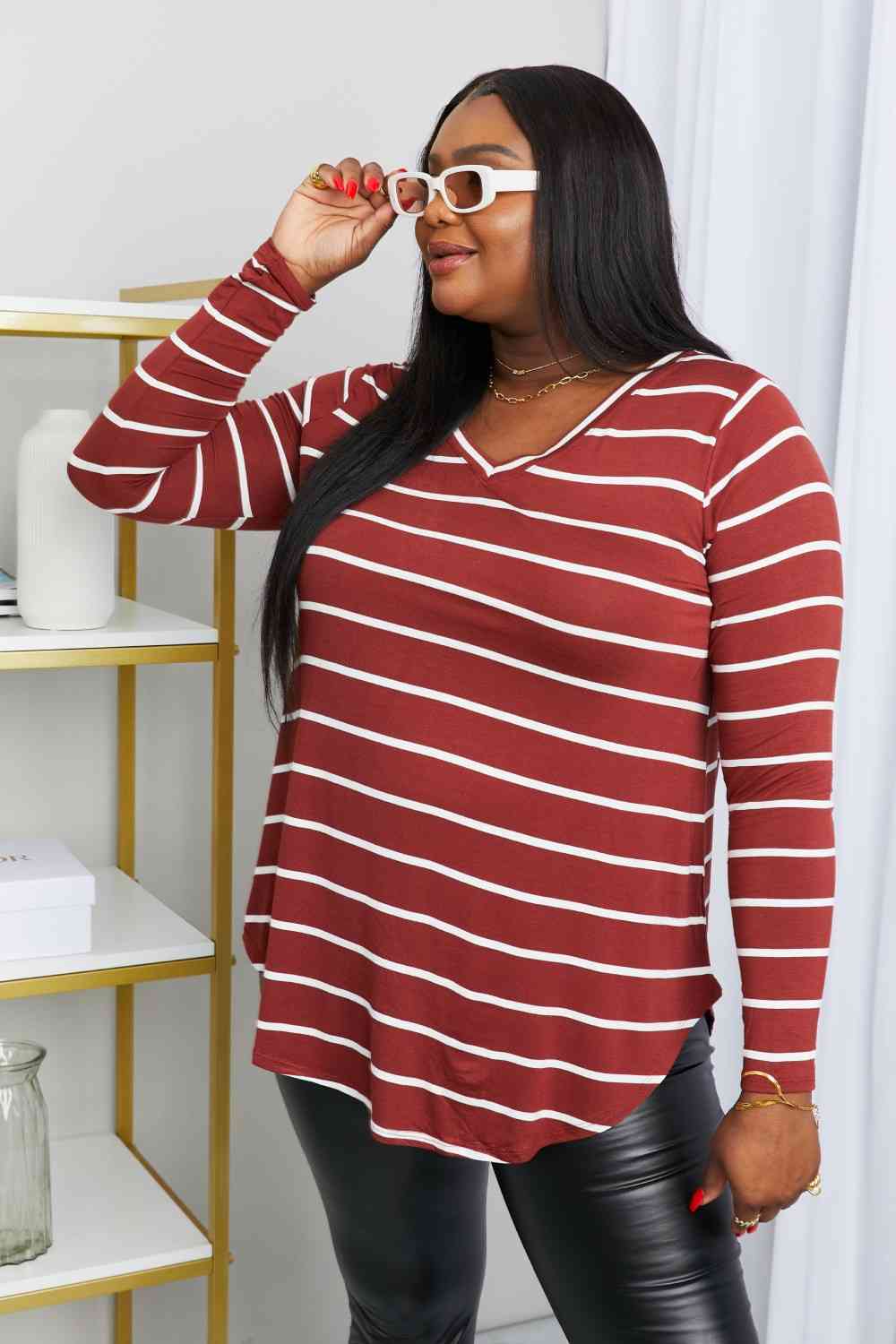 Zenana Full Size Striped V-Neck Long Sleeve Top in Dark Burgundy/Ivory