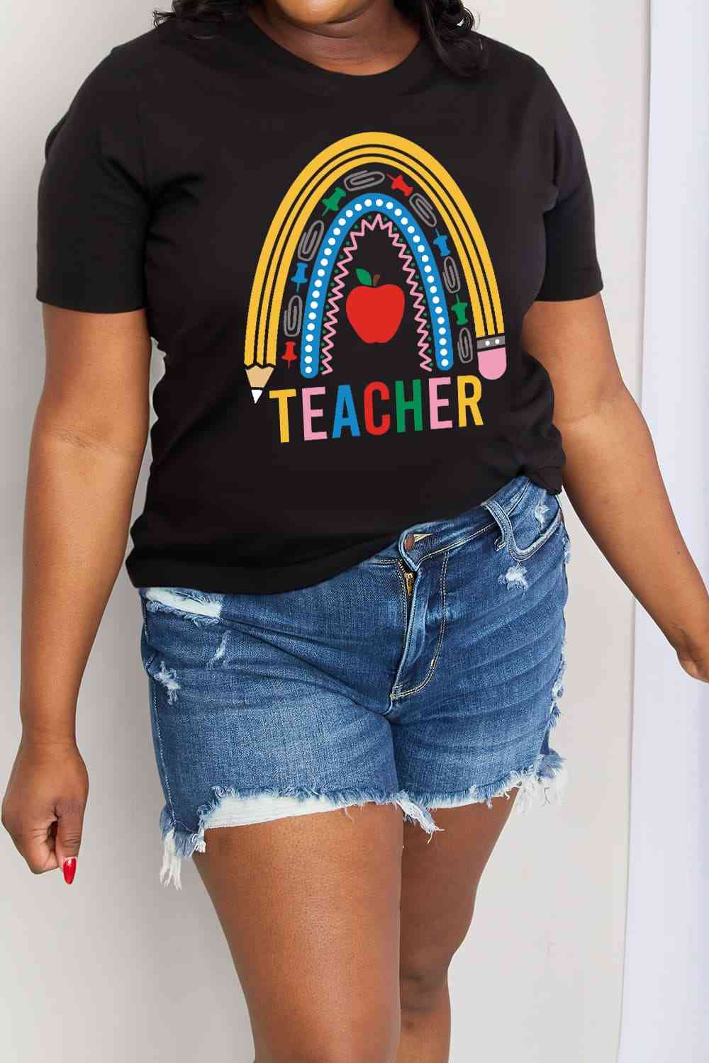 Camiseta de algodón con gráfico de arco iris TEACHER de tamaño completo de Simply Love