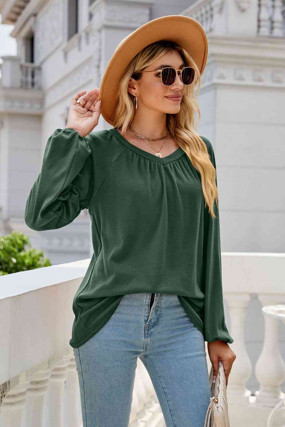 V-Neck Raglan Sleeve Ruched Detail Top