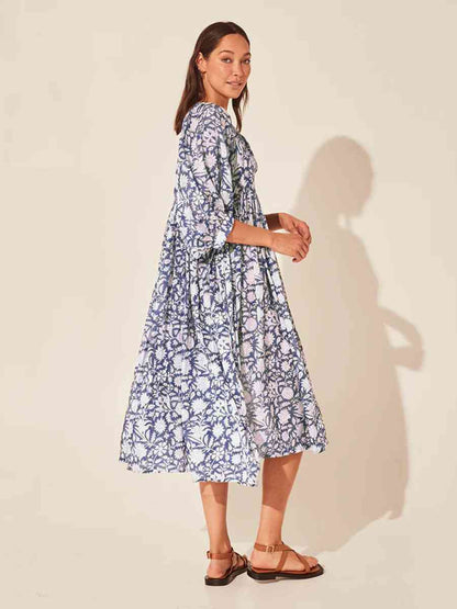 Floral Tie Neck Lantern Sleeve Dress