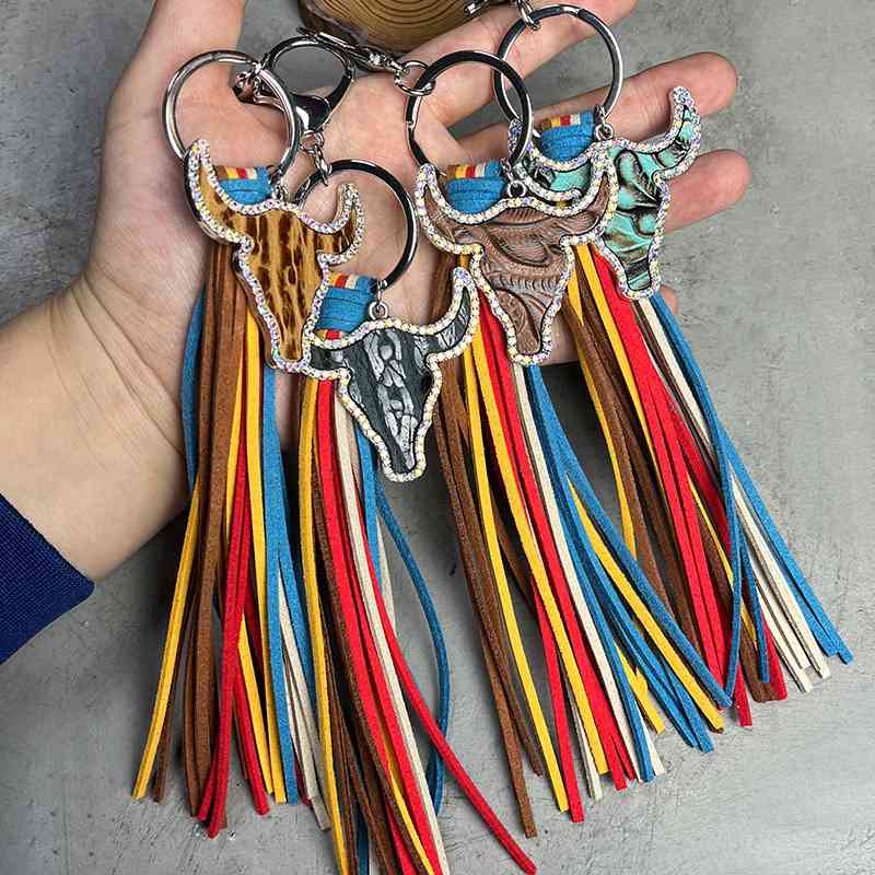 Porte-clés taureau en strass avec pompon