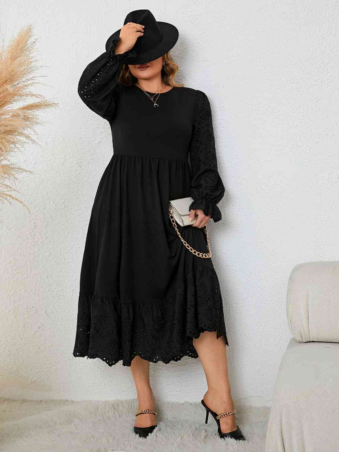 Plus Size Flounce Sleeve Lace Detail Dress