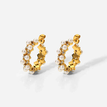 Boucles d'oreilles créoles en forme de C avec perles et strass