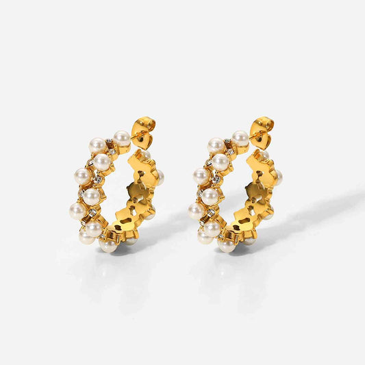 Boucles d'oreilles créoles en forme de C avec perles et strass