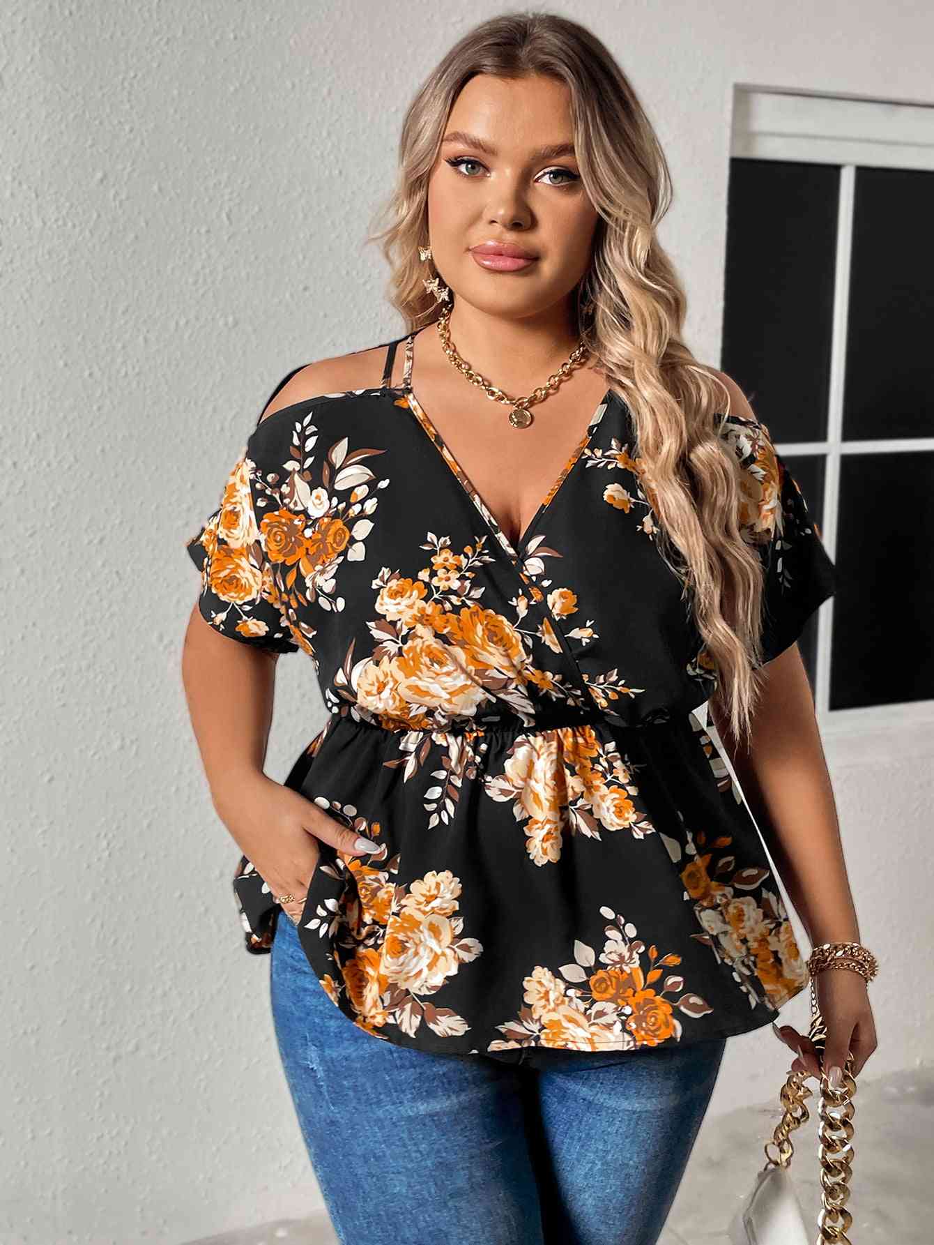 Blouse à Col Surplis et Epaule Dénudée Imprimé Floral de Grande Taille