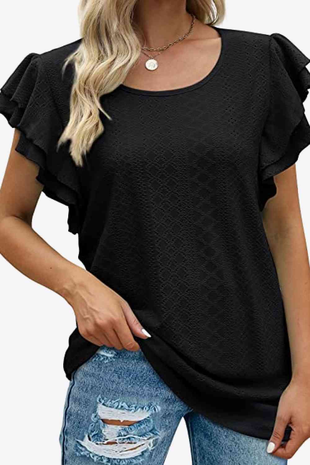 Blusa con cuello redondo y mangas acampanadas en capas